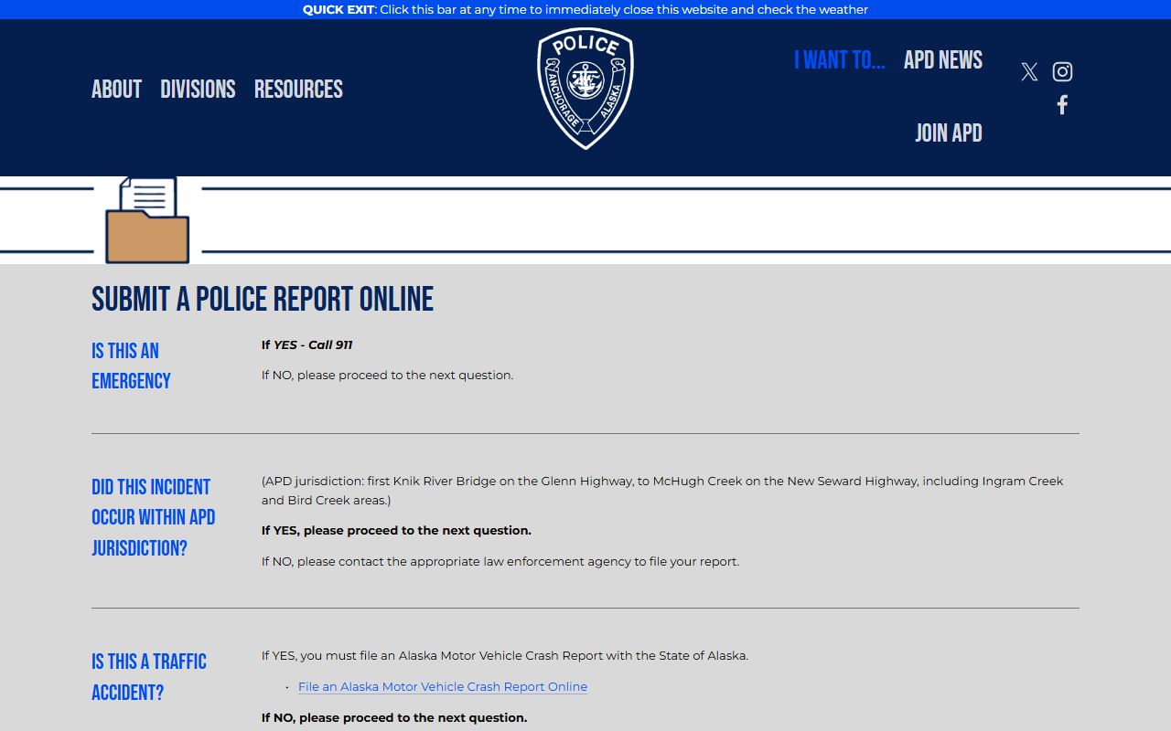 Anchorage Alaska file a police report online criminal history