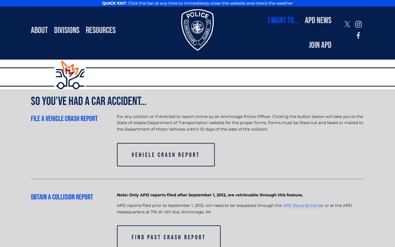 Anchorage Alaska report a crash police records criminal history