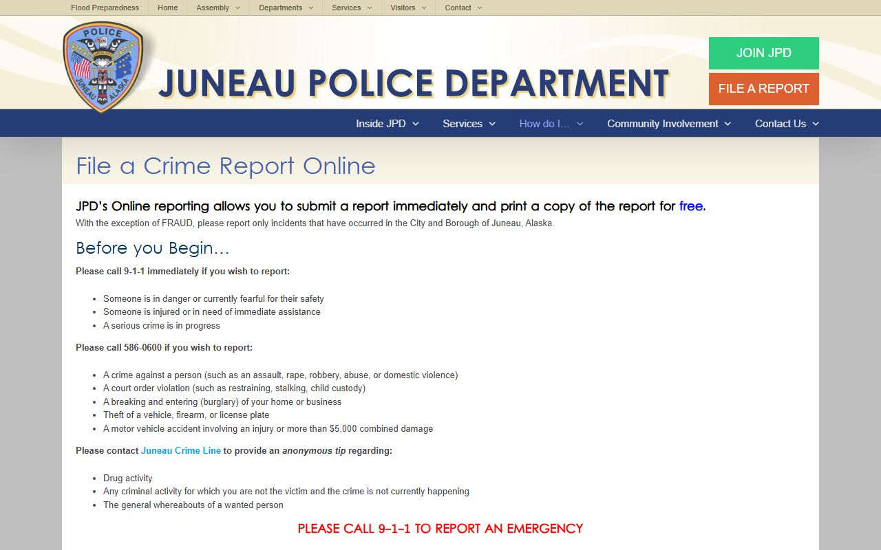 Juneau Alaska file a police report criminal history records