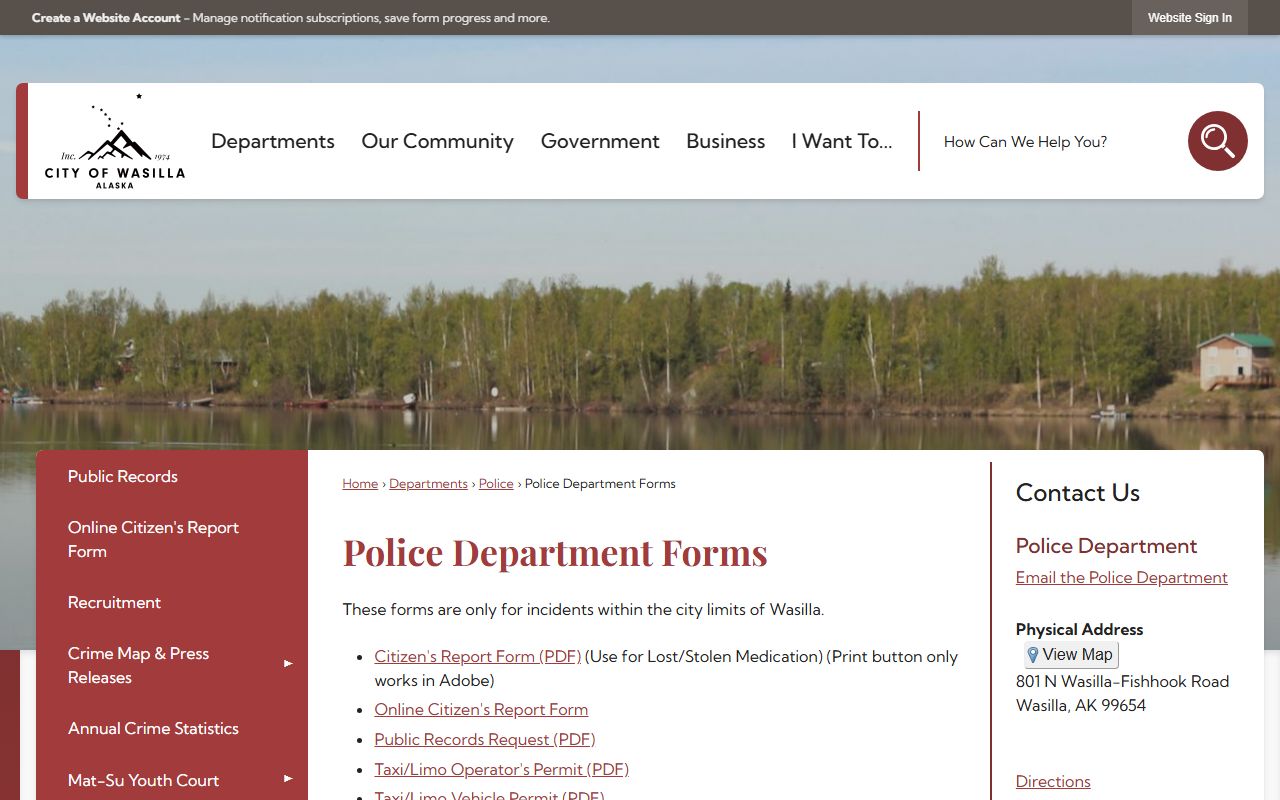 Wasilla Alaska police department forms criminal history