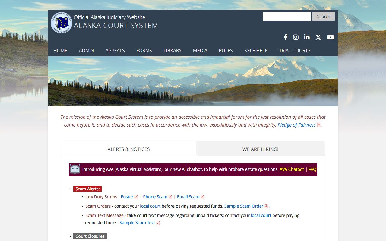 Alaska Court System home page screenshot