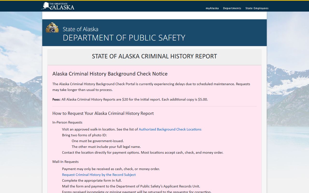 Alaska criminal history background check portal screenshot