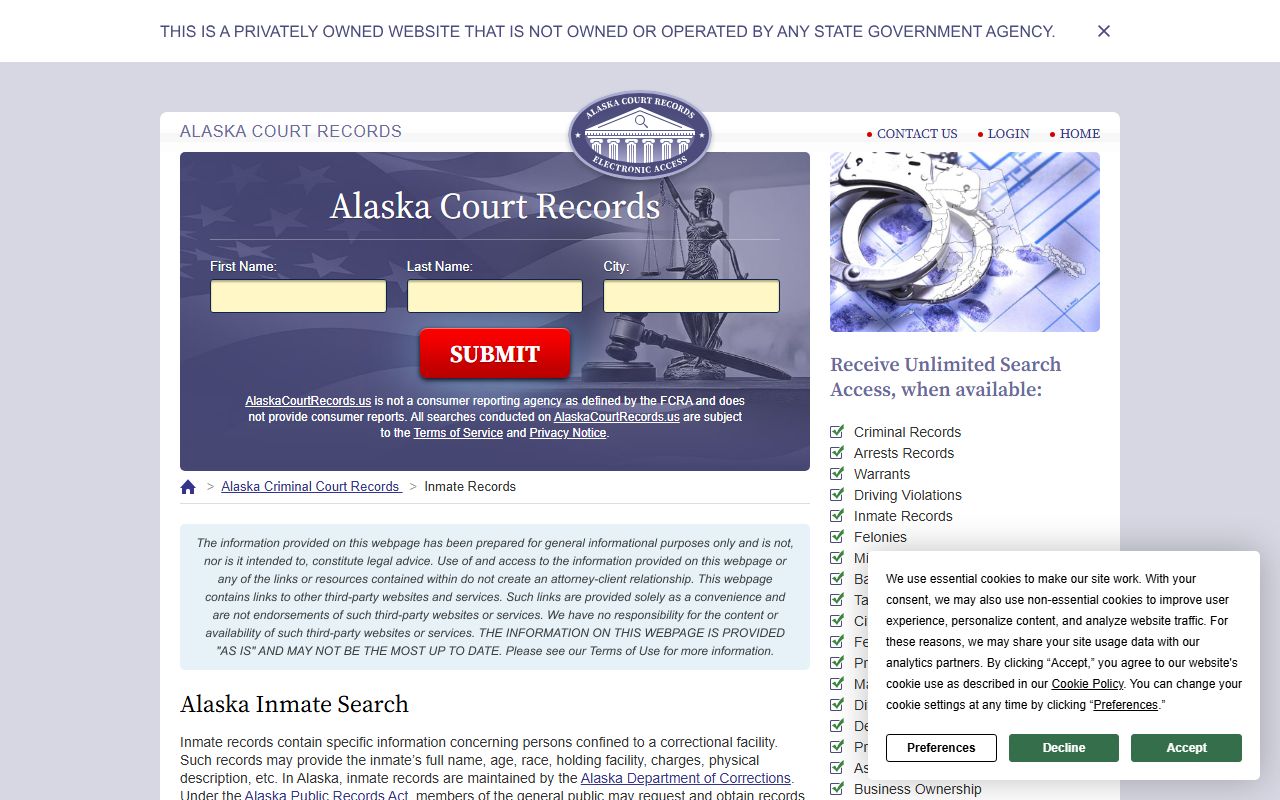 Alaska Department of Corrections inmate search tool screenshot