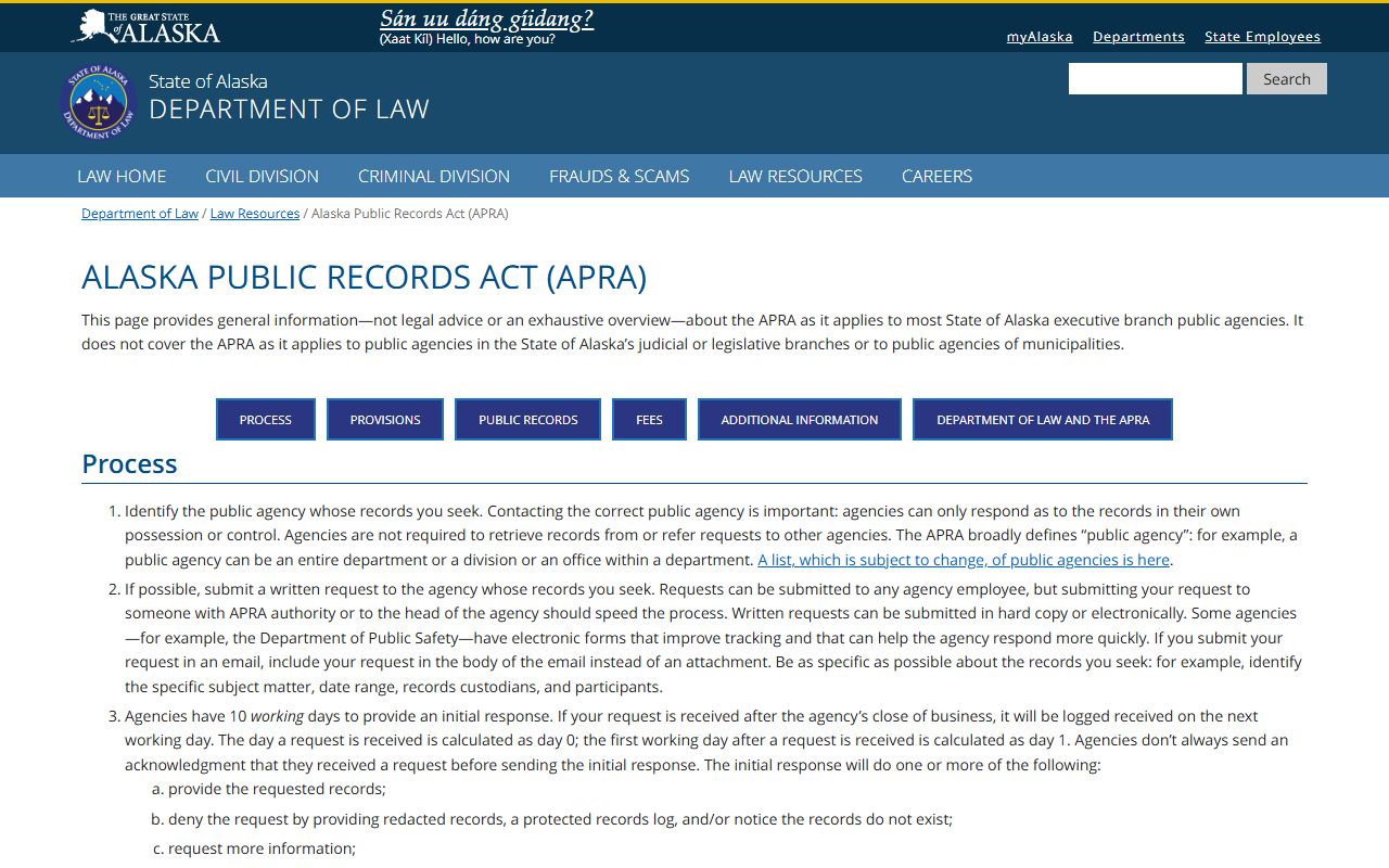 Alaska Public Records Act official page screenshot