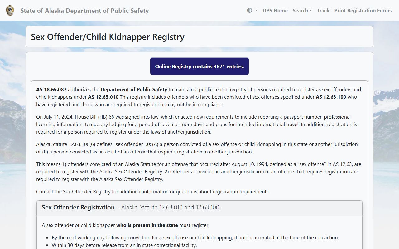 Alaska sex offender and child kidnapper registry search portal screenshot